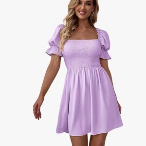 WDIRARA Women's Square Neck Flounce Short Sleeve Shirred Ruffle Hem Dress